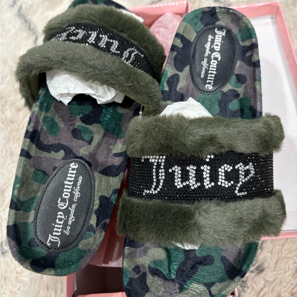 JUICY COUTURE Fuzzy Slipper Slides NEW NWT Faux Fur Camo Green Womens SIZES 6-10
